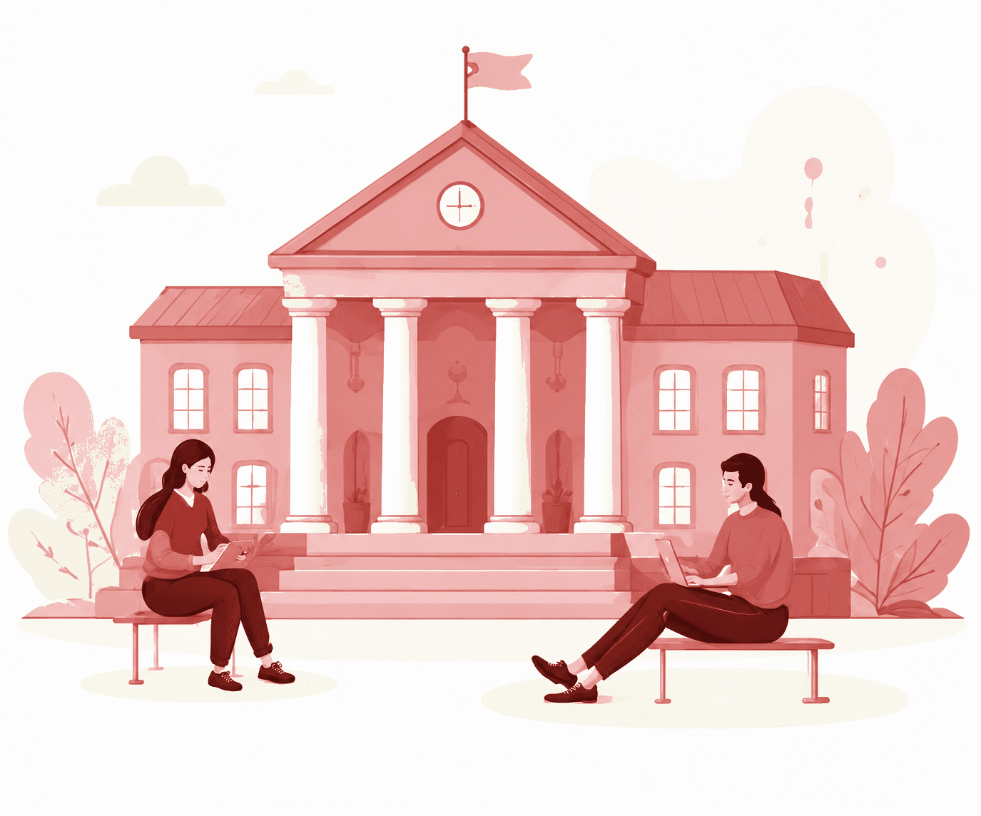 Illustration of two students studying outside a university building