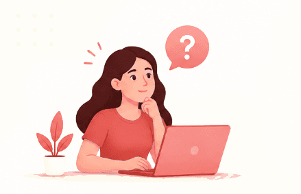 Illustration of a student thinking with a laptop, wondering which course fits her